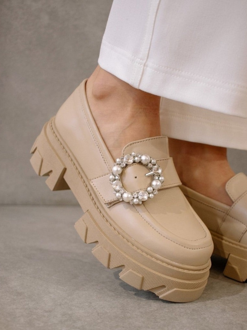 ALOHAS Beige Pearl-Embellished Lug Loafers